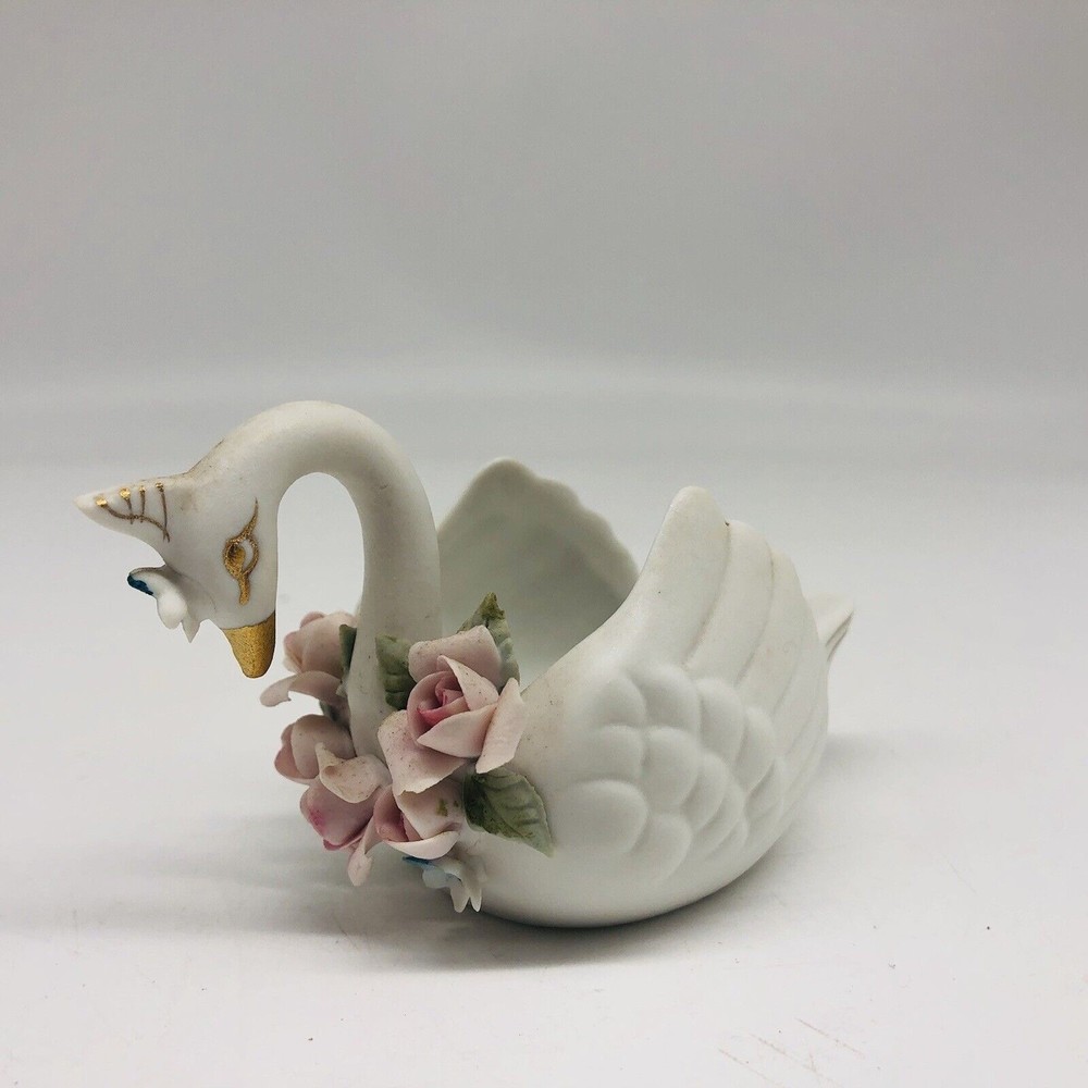 Vintage Lefton Porcelain Gilded Gold Swan Trinket Dish Pink Roses Forget Me Nots